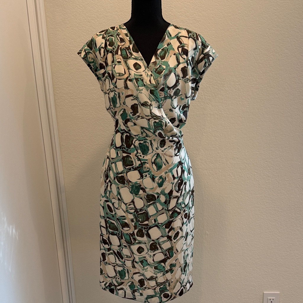 Lafayette 148 New York Teal, Black & White Abstract Wrap Sheath Dress